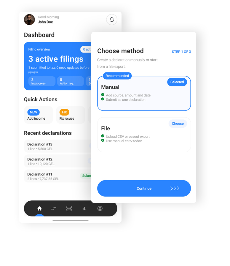 A dashboard interface that displays active logins, quick-action buttons, recent tax return activity, and a form for selecting the method for manual or electronic tax return filing. Get tailored recommendations with the help of the AI assistant.